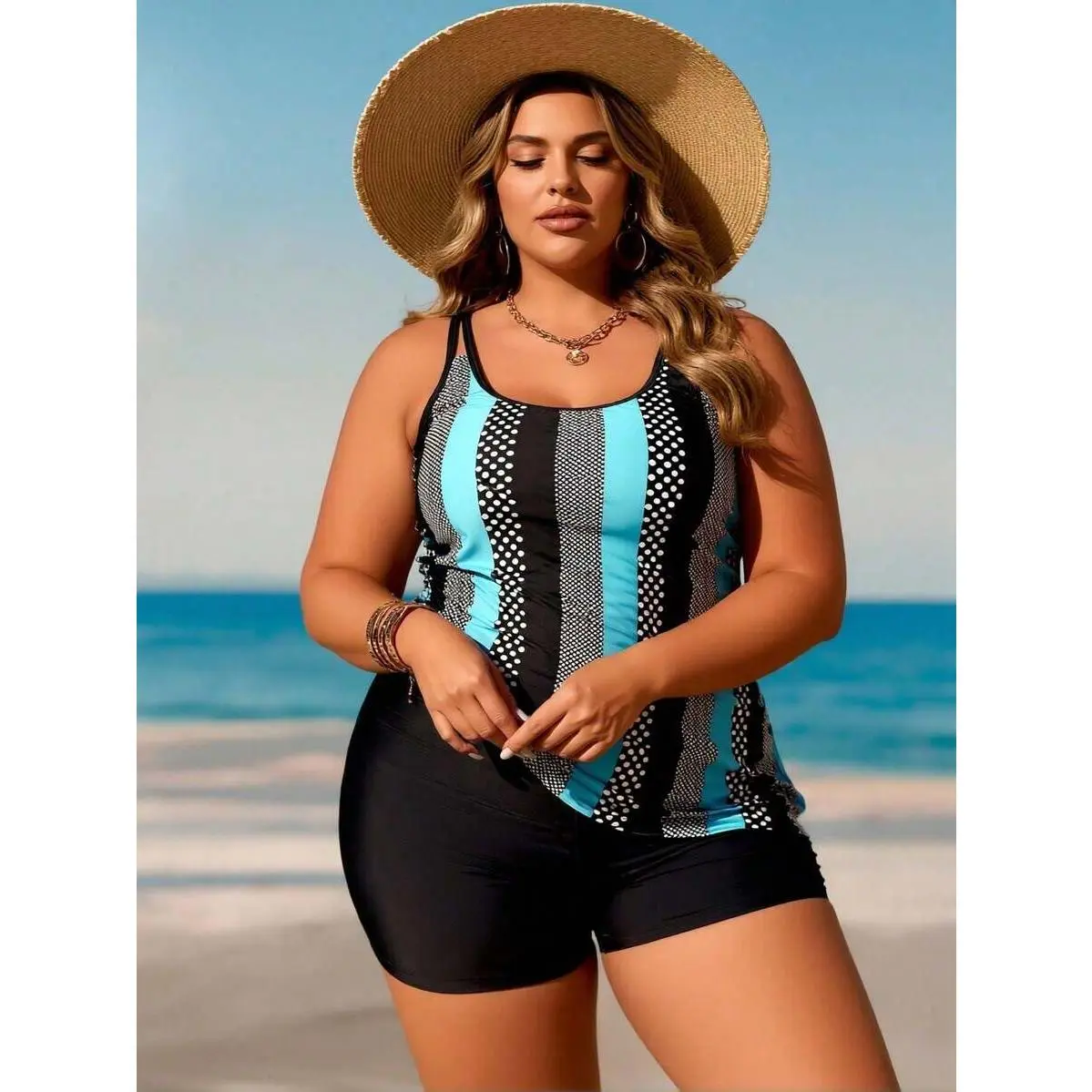Plus Size Turquoise Polka Dot Stripe Tankini Swimsuits For Women