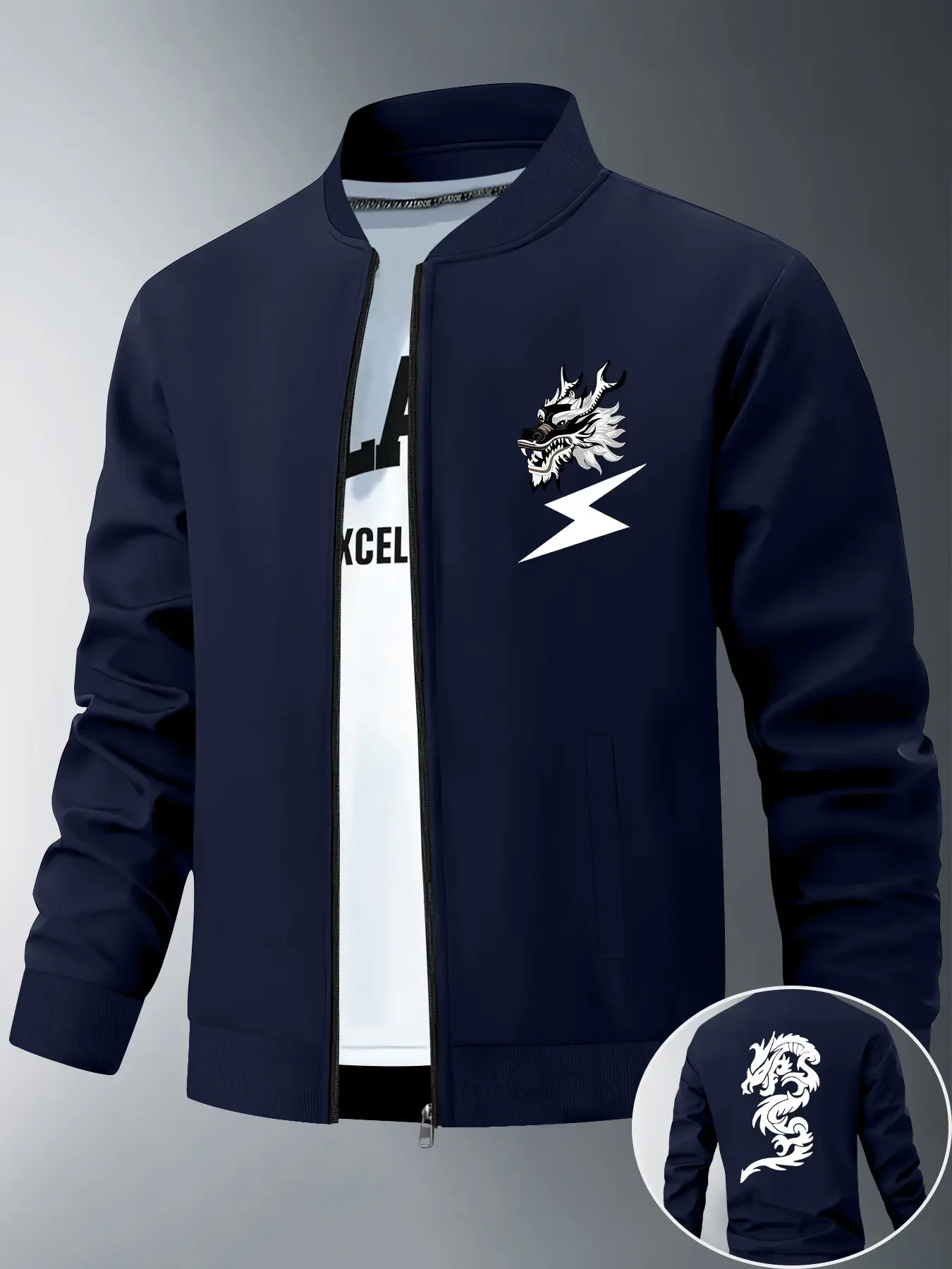 Baseball Neck Zipper Jacket, Dragon Head Lightning Pattern, Large Area God Dragon Print, Traditional Style, Trendy and Versatile Outerwear