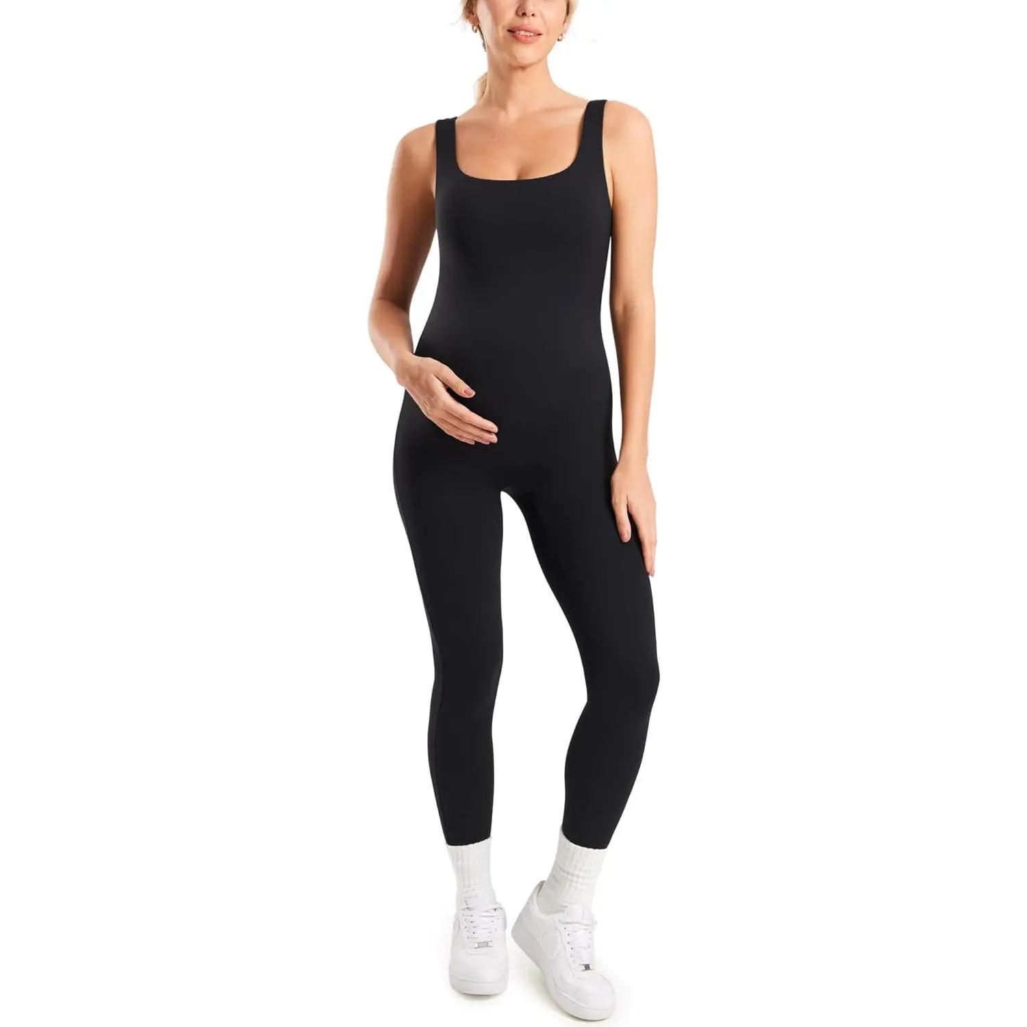 Maternity Jumpsuit Workout Romper  Pregnancy Seamless Leggings Bodysuit Sleeveless Square Neck Tank Top