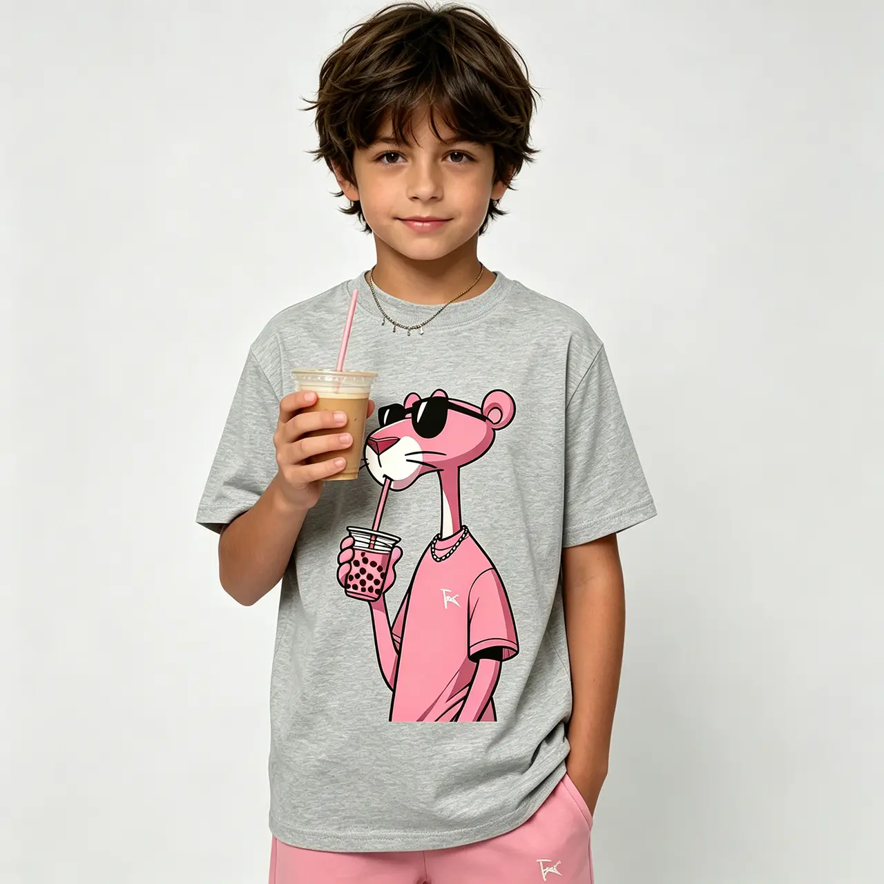 Pink Panther Bubble Tea Cartoon Kids Graphic T Shirt 100 Percent Cotton Little Boy Shirts Original Compression Shirt Workout Tops Cool Outdoor Stuff Boys Girls Loose Heather Grey Short Sleeve Summer Boy Gifts Back To School Clothes Shirts For Girls Trendy