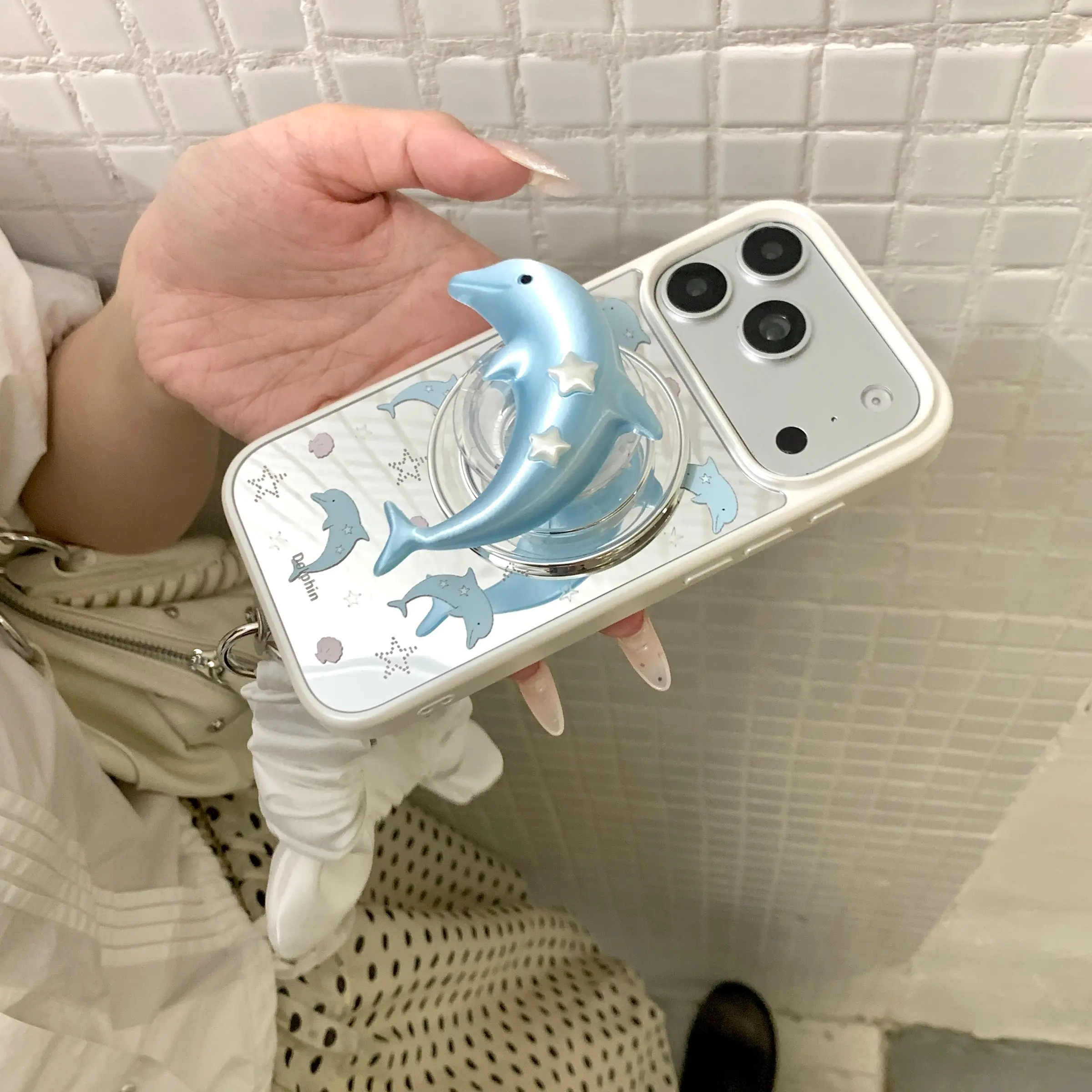 Ocean Style Mirror Phone Case, Magnetic Dolphin Stand, Shockproof Cover With Lanyard Option