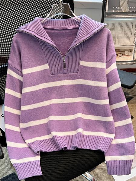 Women's Striped-Print Drop-Shoulder Sweater with Half-Zipper, Casual Long-Sleeve Collared Jumper for Daily Outdoor Wear, Knitwear for Fall & Winter, National Day Outfit