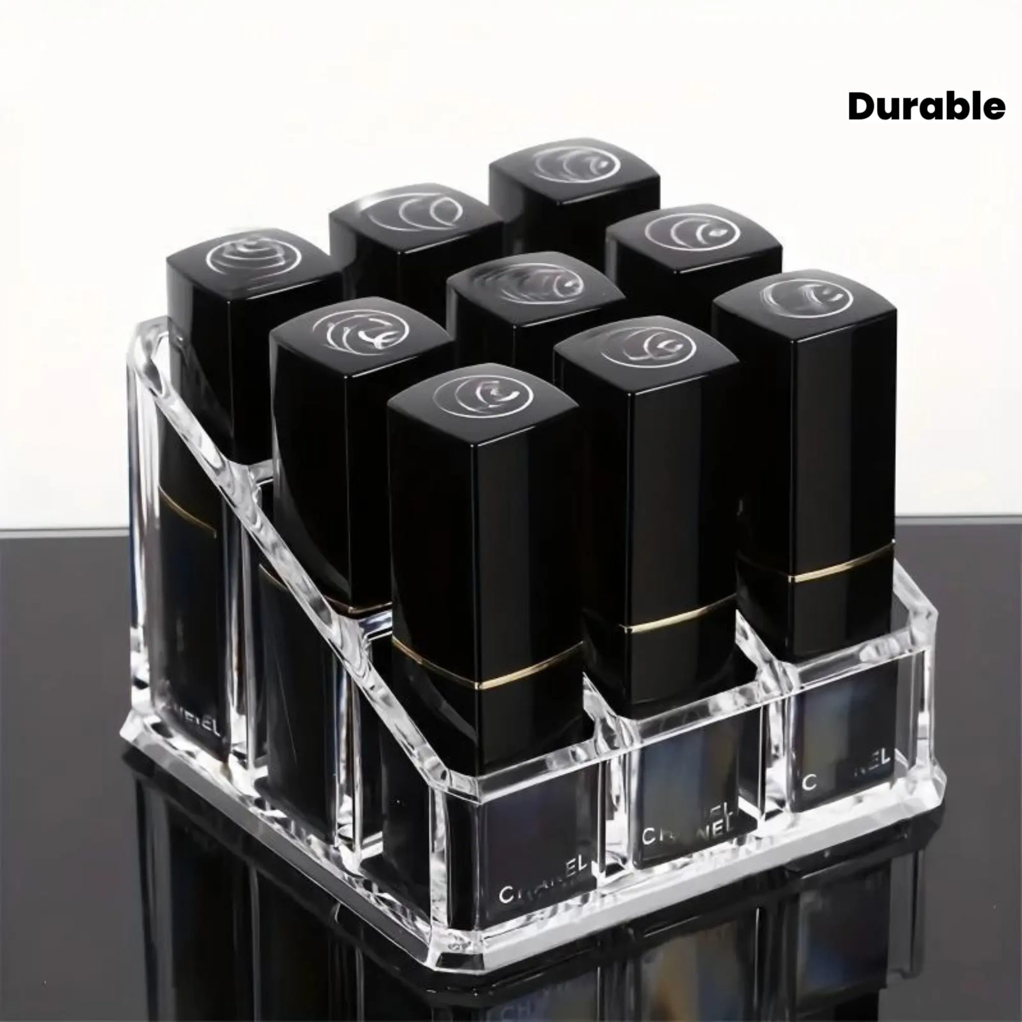Clear Acrylic 9-Compartment Lipstick Display Stand - Cosmetic Organizer for Vanity And Desktop, Perfect for Makeup Storage, Makeup Vanity Desk, Decorative Design, Durable Plastic, Perfume Organizer
