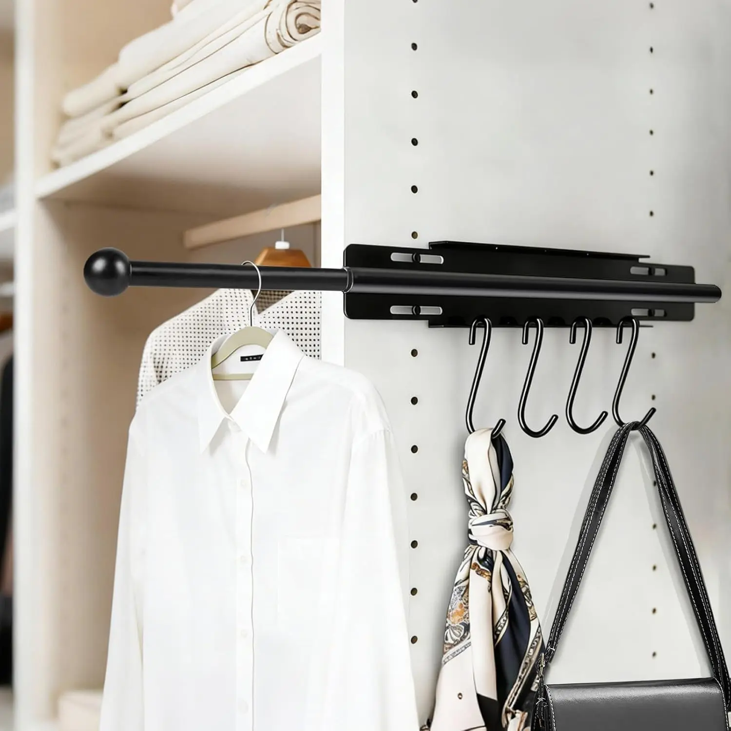 13" Retractable Pull Out Valet Rod for Closet with 4 Hooks, for Bedroom Laundry Room Bathroom (Black)