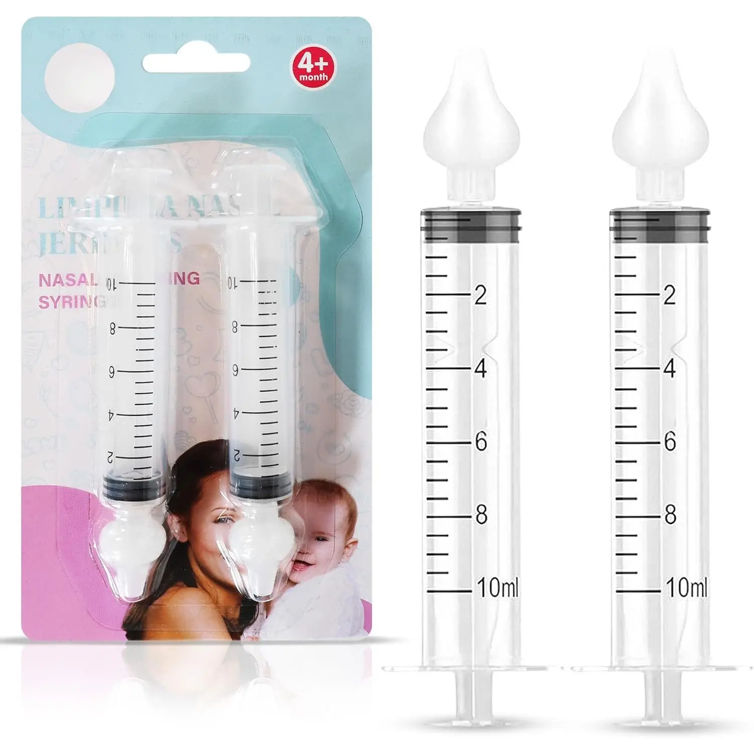 Baby Nasal Syringe (2-Pack) - Safe Silicone Tip Nasal Aspirator, 10ml Reusable Nose Cleaner, Fits Infants, Newborn Congestion Relief, White New Model