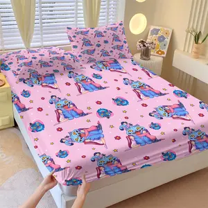 3Pcs Kawaii Blue Monster & Girl Fitted Sheet Set with 2 Pillowcases, Cute Pink Anime Print, Soft All-Season Bed Cover, Non-slip Bedding for Teens & Kids, Great for Bedroom & Dorm