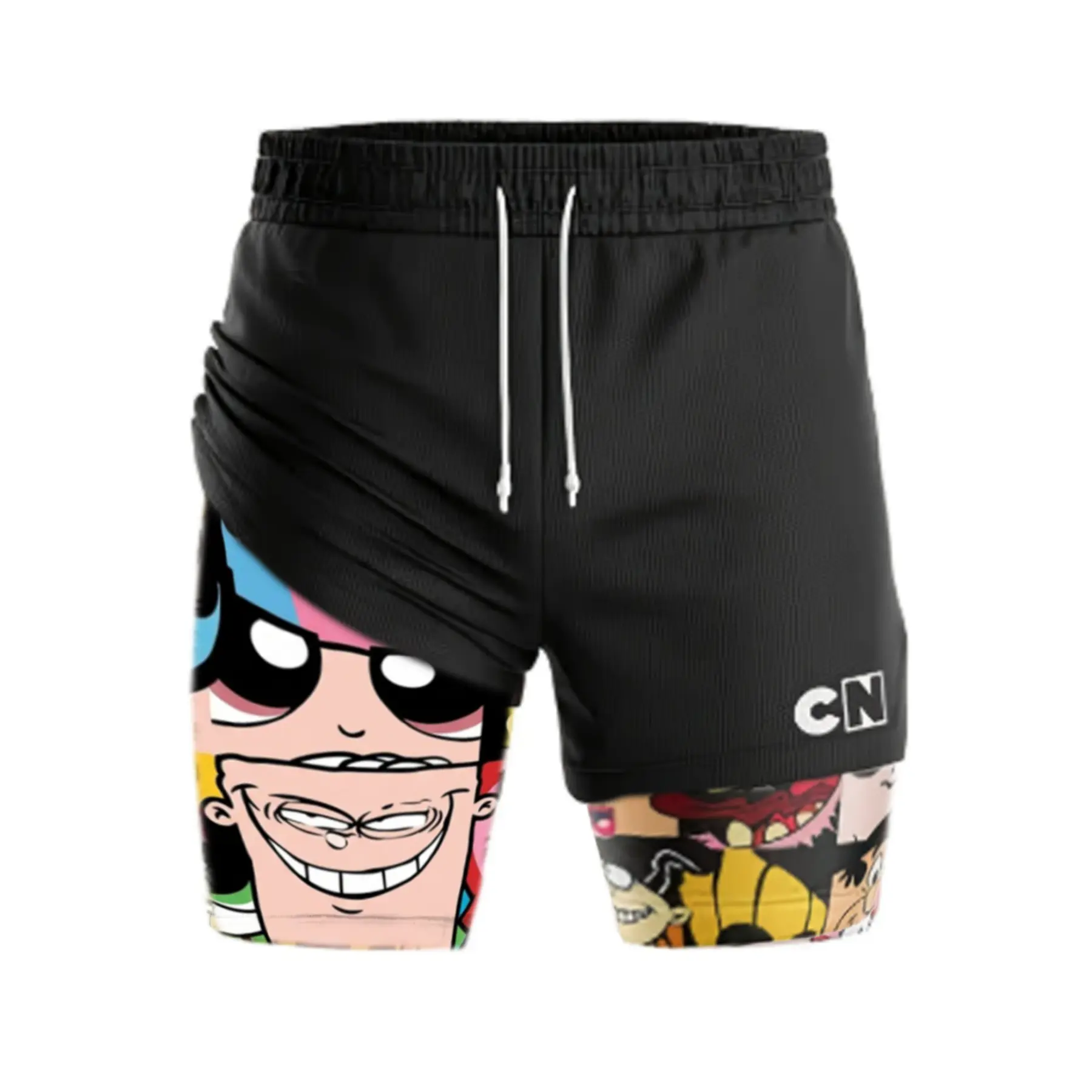 Cartoon Network Collage 2 in 1 Mesh Gym Shorts Men Men's Cartoon Network All Character Collage Print 2 in 1 Mesh Compression Shorts Double Layer Quick Dry Gym Running Cartoon Streetwear Shorts