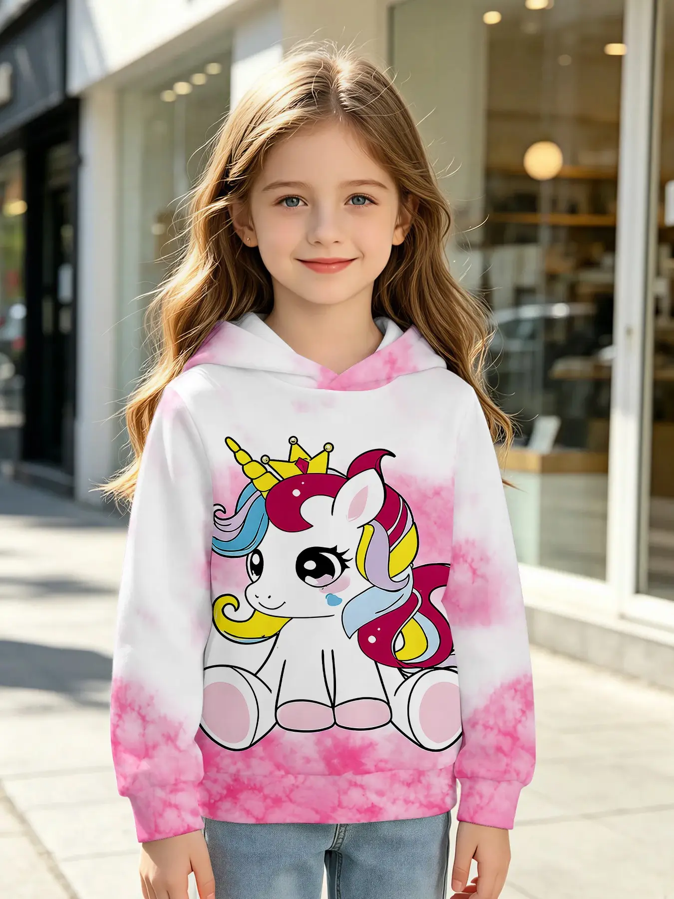 Girls' Unicorn Crown 3D Print Hoodie, Rainbow Horse Cartoon Long Sleeve Top, Casual Fall Winter Sweatshirt, Perfect Gift for Parties and Birthdays