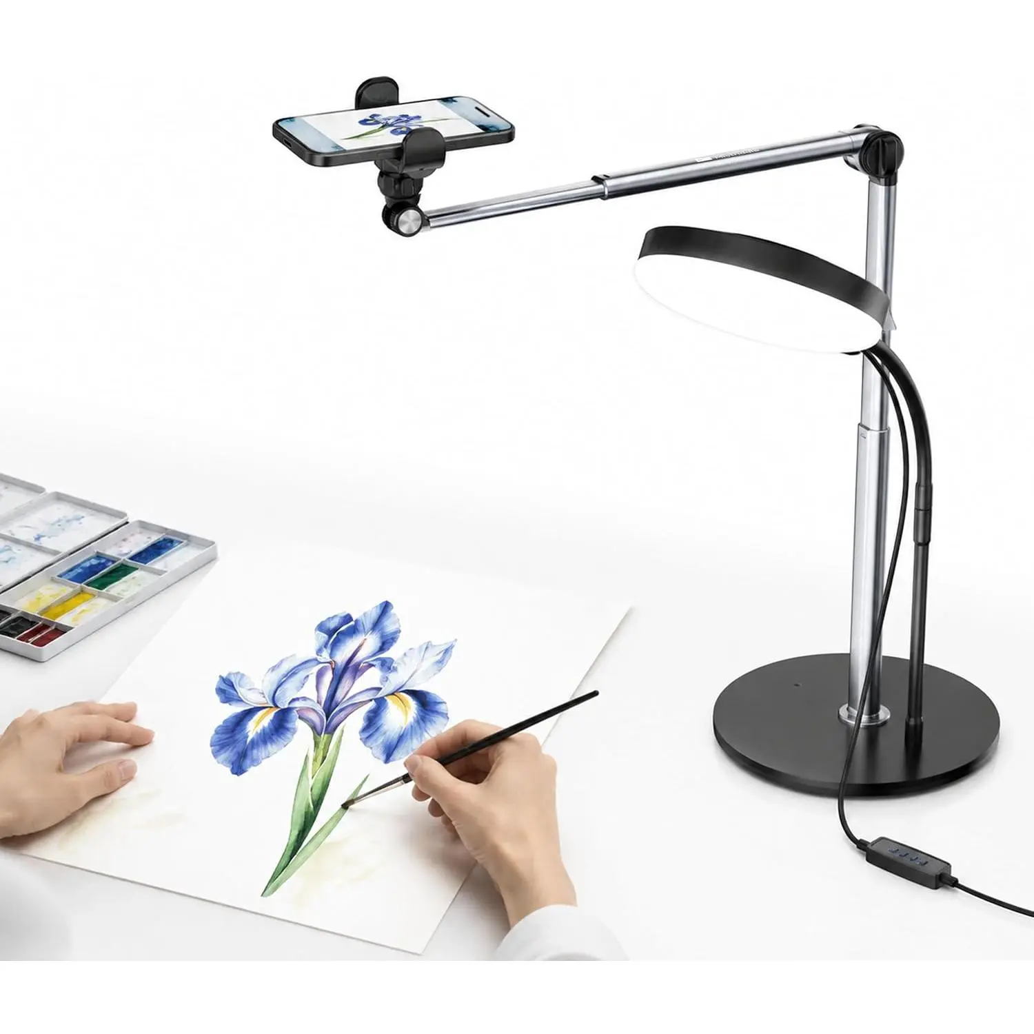 Telescopic Overhead Mobile Phone Mount, Smartphone-Cellphone Accessory with USB Round Light