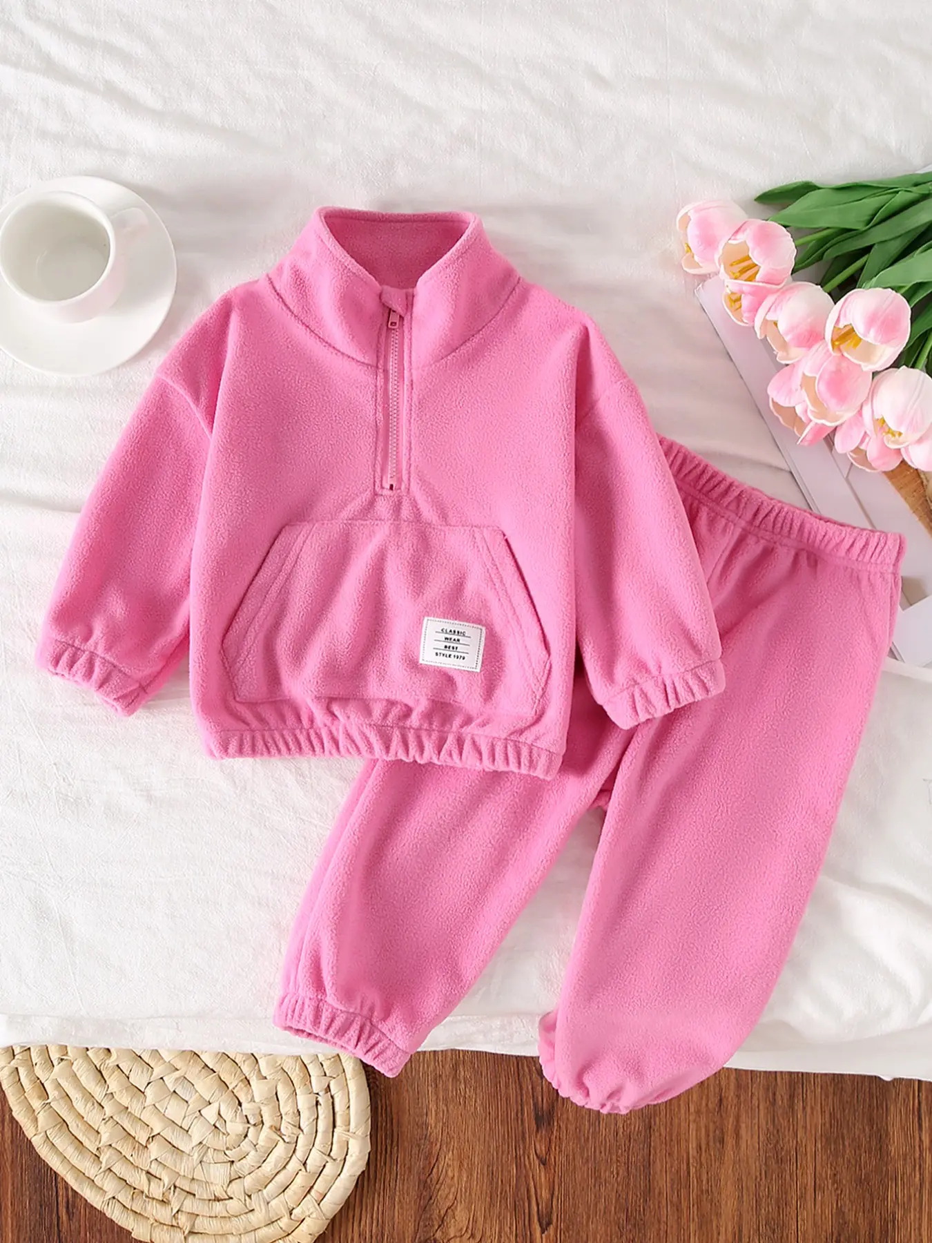 Autumn Winter 2-Piece Set for Baby Girls, Solid Color Half-Zip High Neck Sweatshirt and Warm Long Pants, Comfortable and Cozy