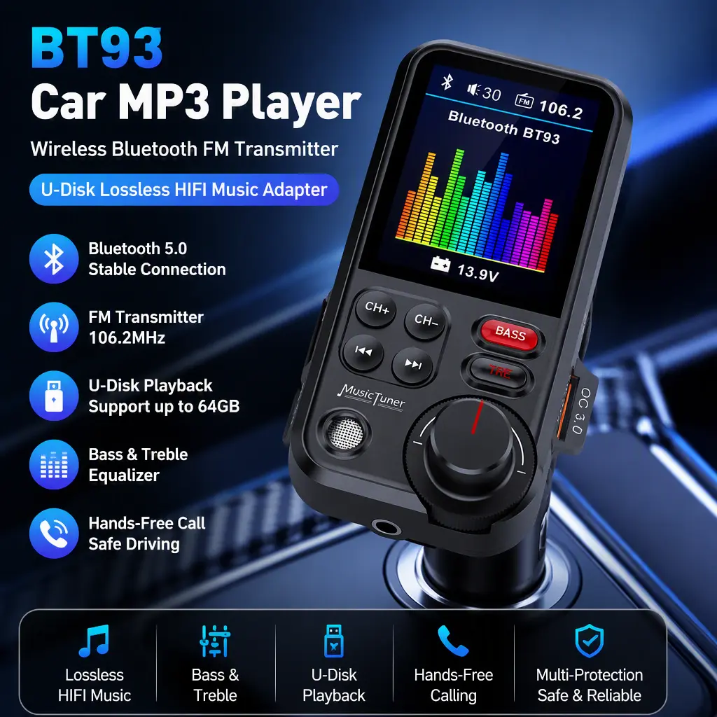 BT93 Auto Bluetooth FM Radio Adapter, Lossless HIFI MP3 Music Player for Vehicle, U‑Disk Supported with Audio Equalizer Function