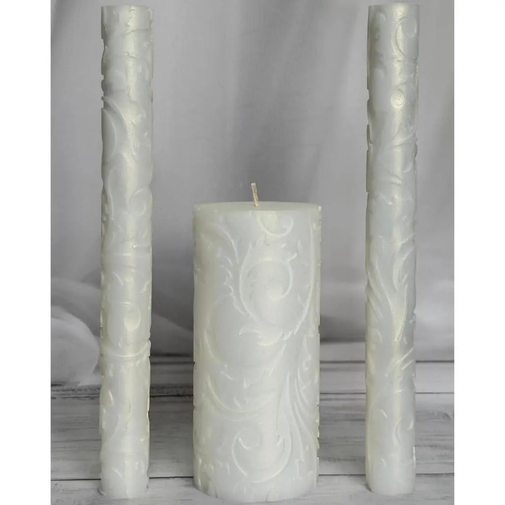 Ivory Baroque Unity Candle Set for Wedding Ceremony & Reception, Embossed White Handmade Wedding Candles, Unscented 6" Pillar & 2 Taper 10" Marriage Candle Set, European Quality