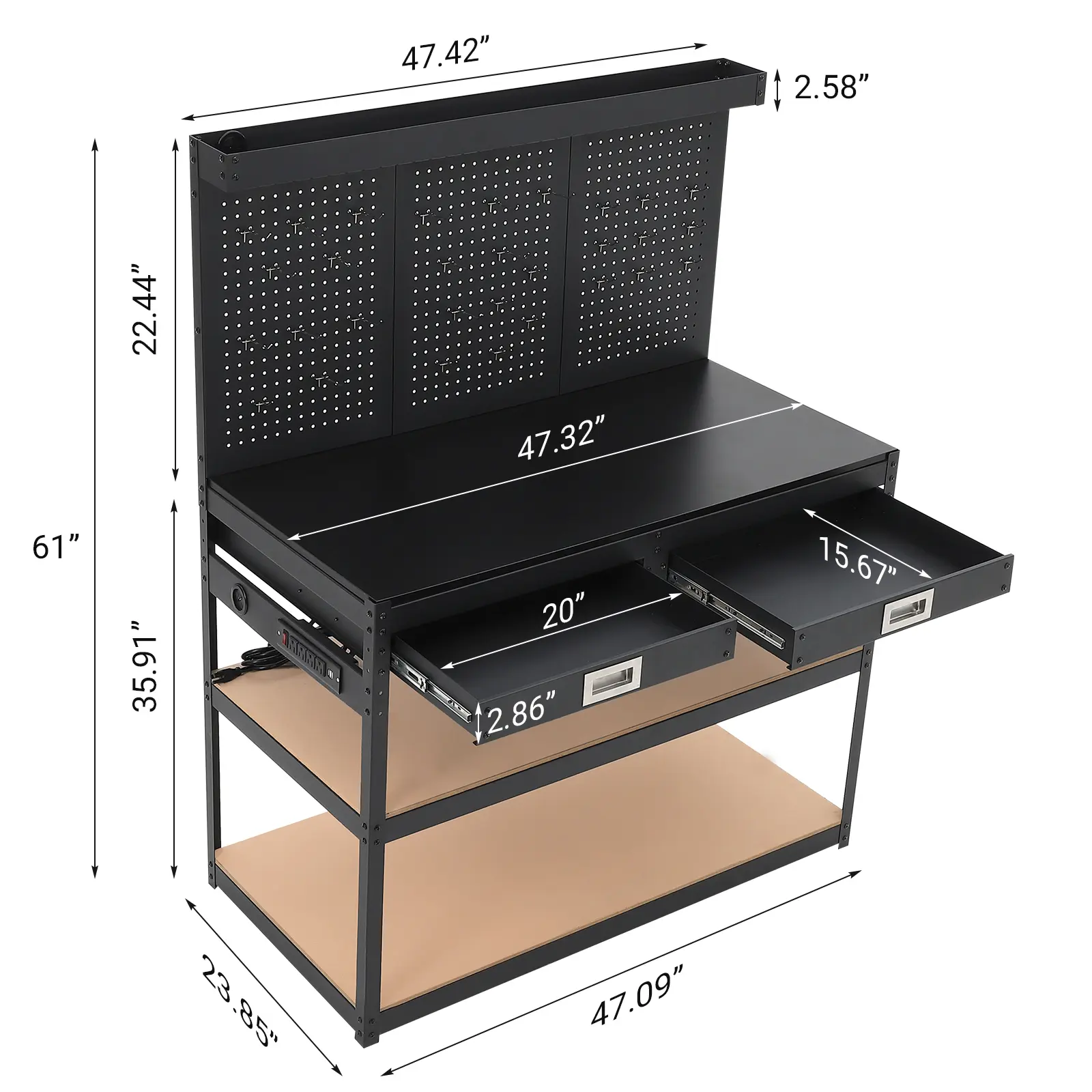 Rectangular Metal Frame Work Table with 3-Tier Design, 2 Storage Drawers, Power Outlets & Pegboard Wall, Heavy-Duty Workshop Garage Workstation, Black