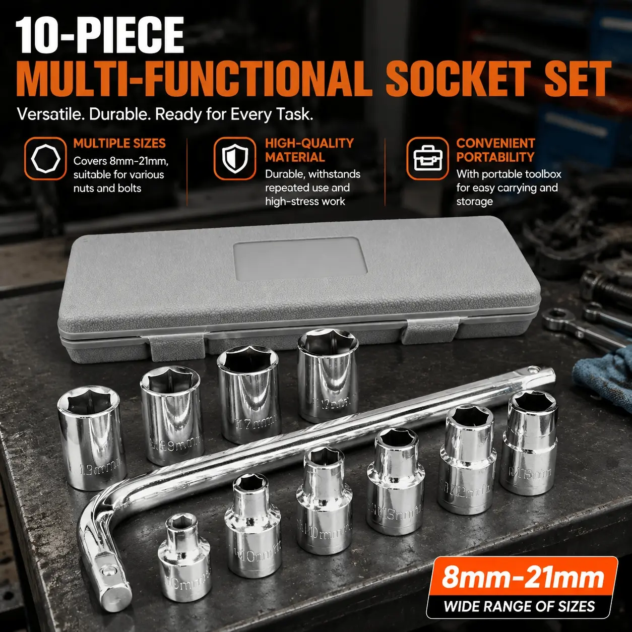 Professional L-Shape Socket Wrench Set 8-21mm Full Sizes Auto Repair Quick Change Sockets Anti-Slip Reinforced Handle Wear & Impact Resistant Industrial Alloy Steel Spline Drive System Car Mechanic Tools Emergency Kit for Multi-Size Nut Removal