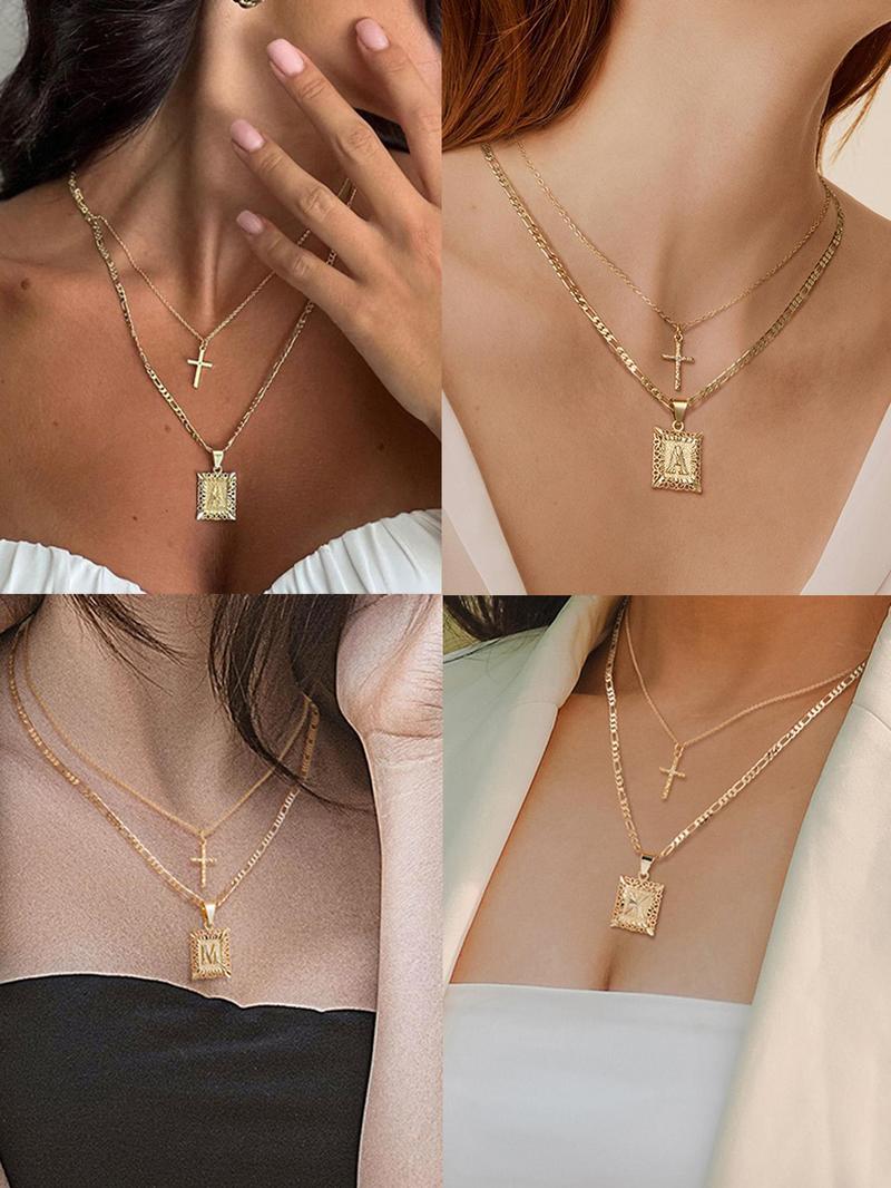 Letter & Cross Pendant Necklace, Punk Style Jewelry for Party, Daily Decor, Trendy All-match & Exquisite Chains Jewelry for Birthday Gift Fall