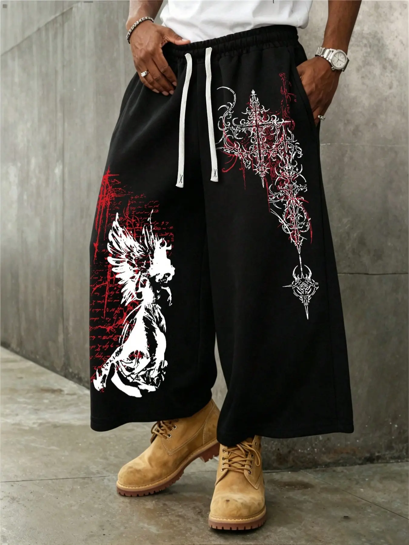 Y2K Wasteland Subculture Cropped Wide Leg Sweatpants, Vintage Angel Demon & Ornate Cross Print Baggy Track Pants, Breathable Oversized Drawstring Casual Capri Pants for Street Style Outfits, Daily Going-out & Party Looks