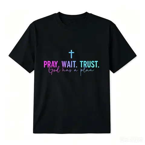 Cotton Graphic Short-Sleeve Sports Top, Streetwear Everyday Wear with "Pray Wait Trust God Has A Plan" Design