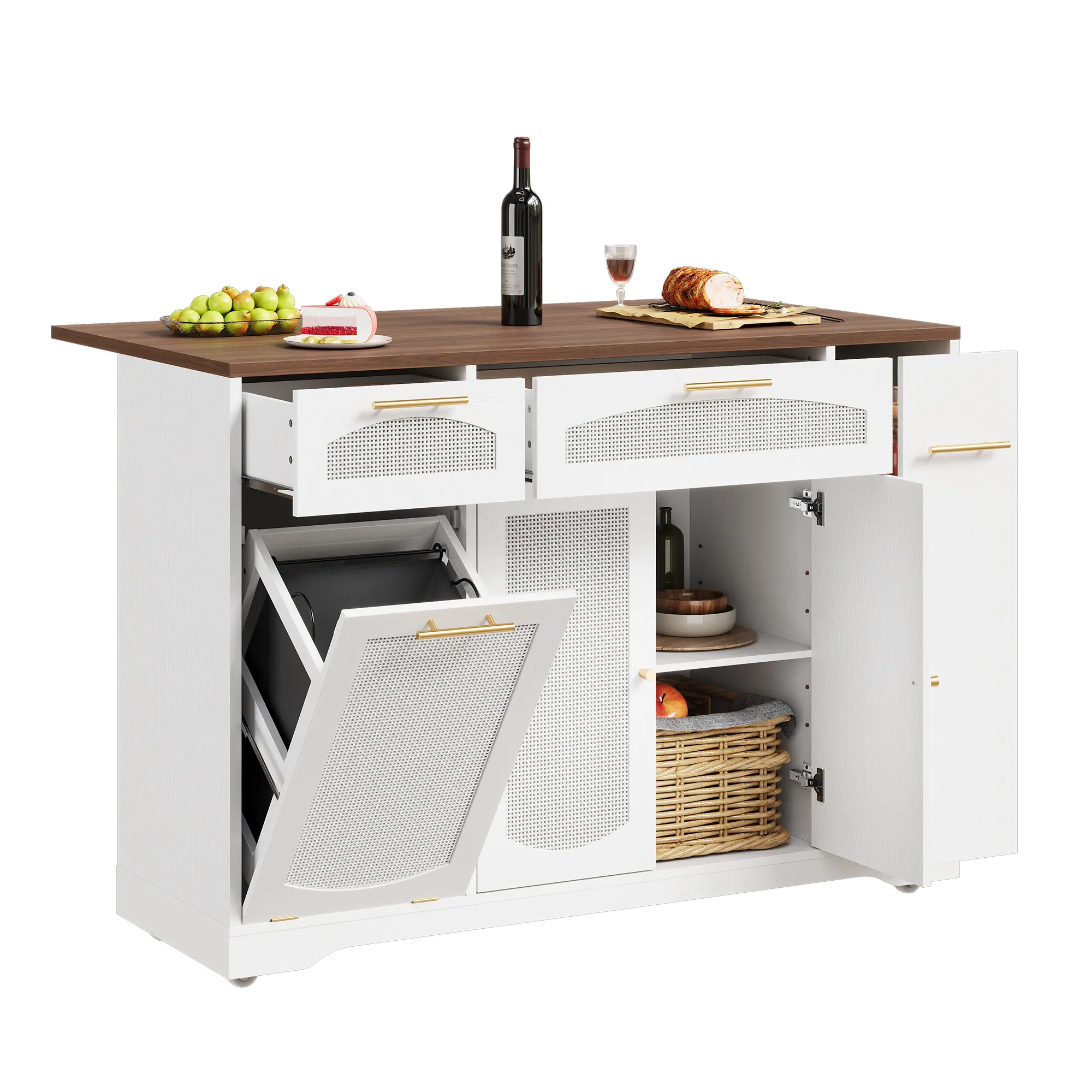 Garvee Rattan & Wood Rolling Kitchen Island Cart with 53.1" Width, Drop Leaf, Tilt-Out Trash Can, 2-Door Storage Cabinet, 2 Drawers, Spice Rack, Rolling Cart for Kitchen Storage Space