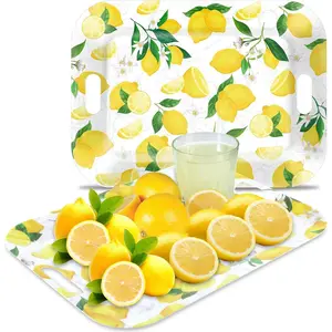 2Pcs Yellow Lemon Serving Trays with Handles 16 x 11 Inch Large Rectangular Melamine Serving Platter for Serving Food Outdoor Dinner Dessert Party
