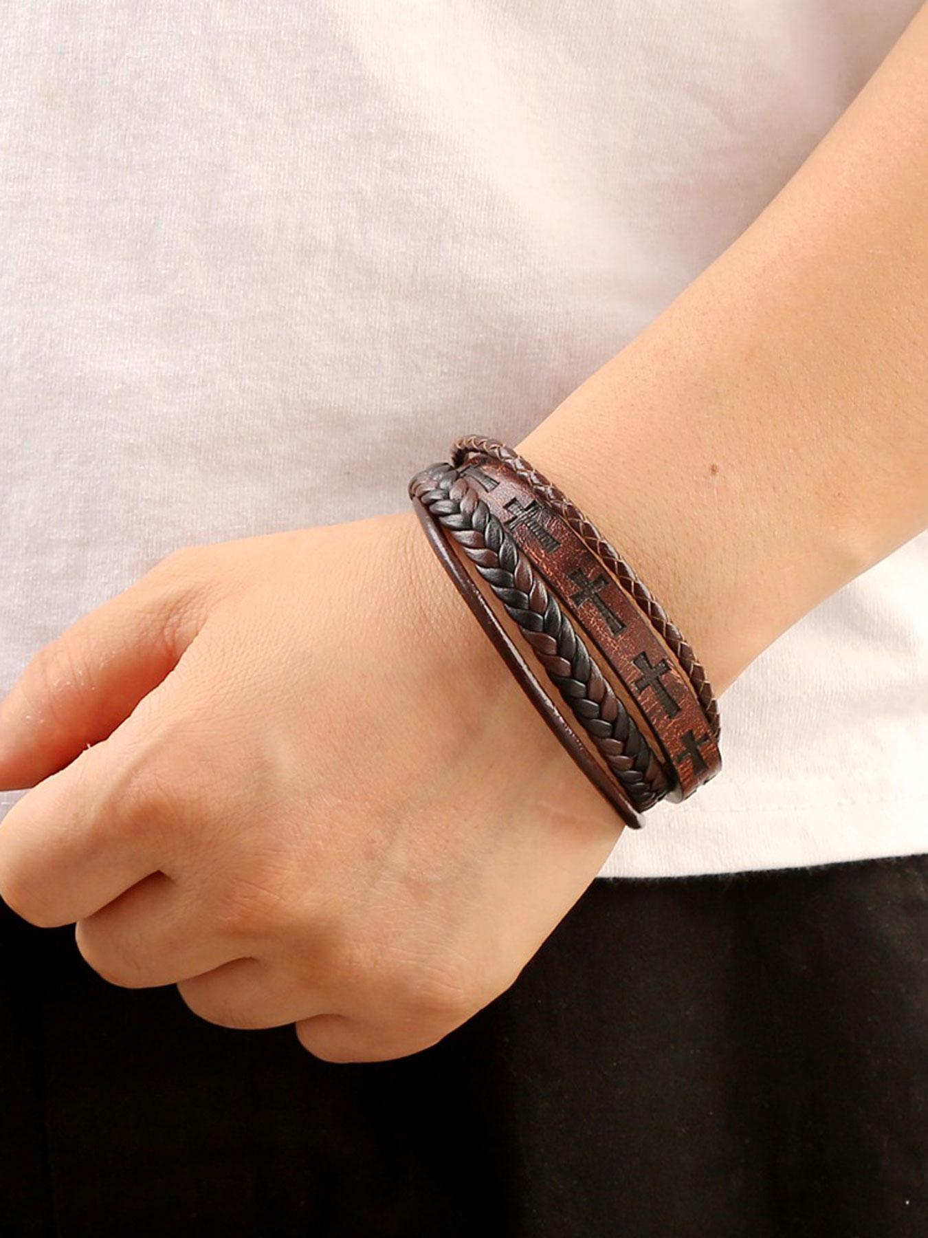 Men's Vintage Cross Design Braided Leather Bracelet, Street Style Party Jewelry Accessories, Daily Clothing Decor, Birthday Holiday Gift