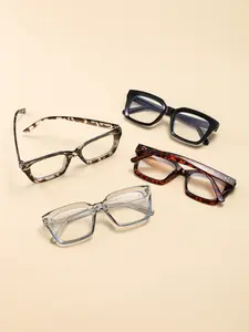 4 Pairs Women's Leopard Print Square PC Frame Retro Contrast Color Fashion Personalized Non-Prescription Glasses, Stylish Eyewear for Daily Use, Everyday Eyewear