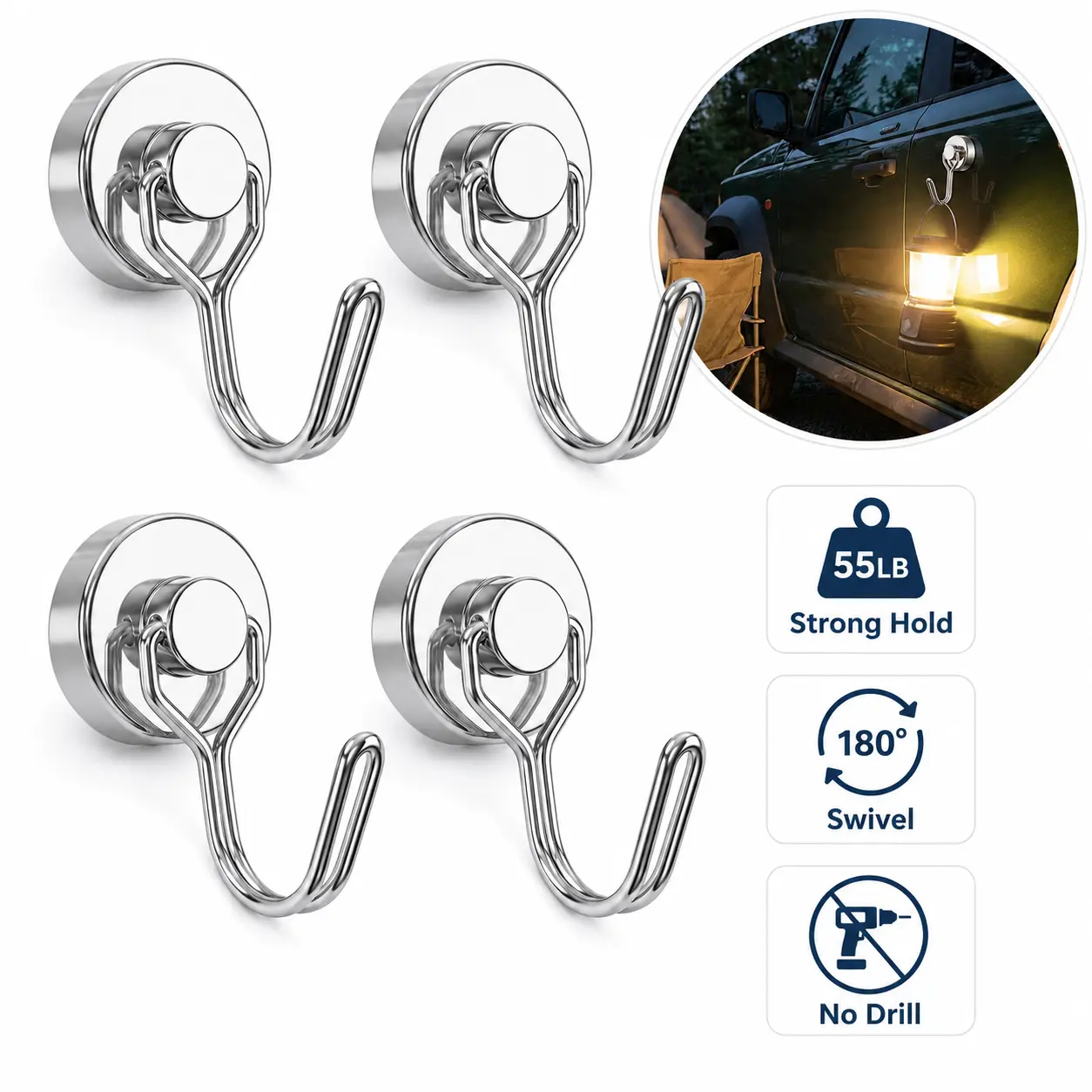 4-Pack Heavy Duty Magnetic Hooks, 55 LB Max Pull Neodymium Magnet Hangers with 180° Swivel & Anti-Scratch Rubber Base, No-Drill Hooks for Camping, Garage, Kitchen and Metal Surfaces