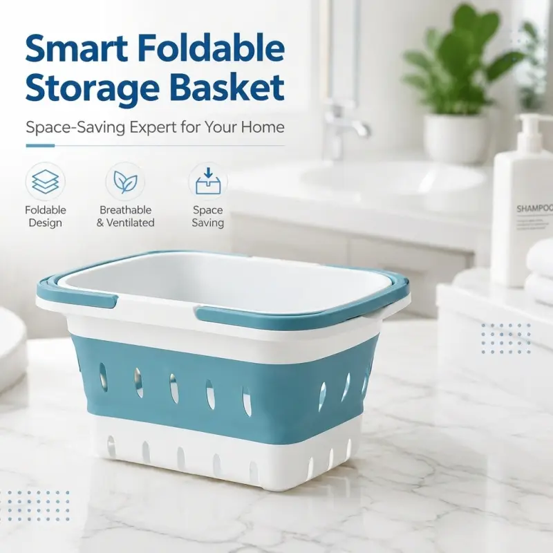 Smart Foldable Storage Basket, Breathable Perforated Design, Ideal for Bathroom, Laundry Area, and Home Organization