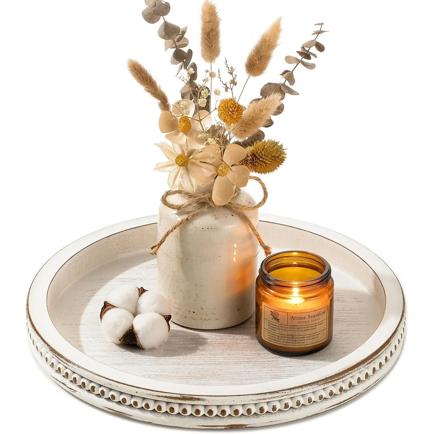 Round Whitewashed Wood Decorative Tray, 11.8 Inch, Rustic Farmhouse Coffee Table Decor for Living Room Kitchen Island Entryway