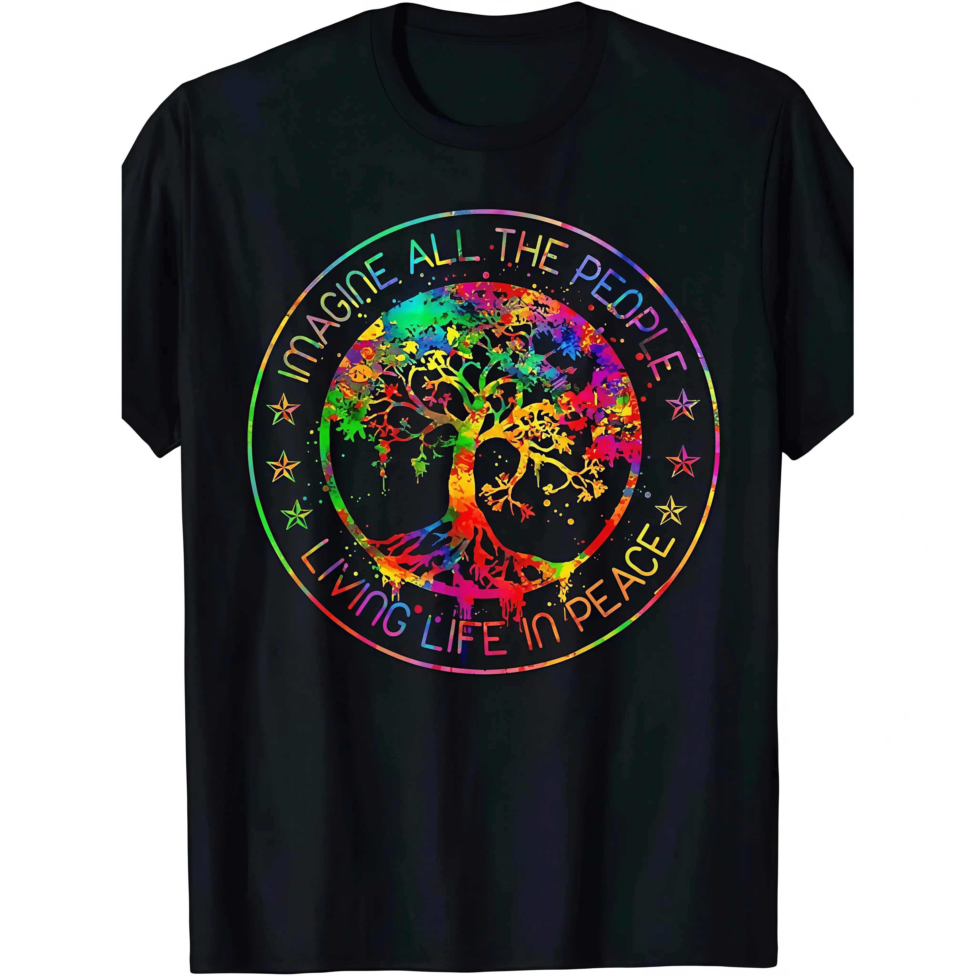All The People Imagine Living Life in Peace Hippie Tie Dye T-Shirt Same Style for Men And Women 2026 Summer Short-Sleeved Printed T-Shirt Pure