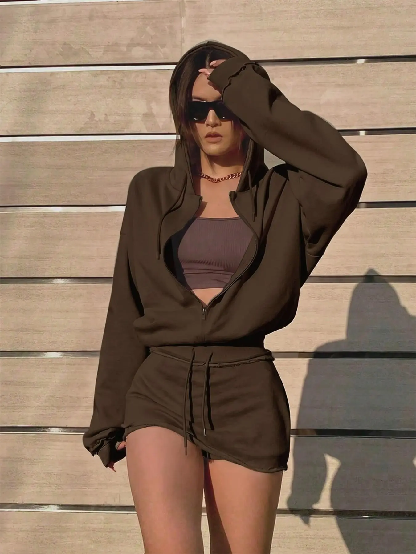 Women's Two-Piece Hooded Sweatshirt Set, Drawstring Zipper Long Sleeve Top, Elastic Waist Short Skirt Pants, Casual Fall Fit