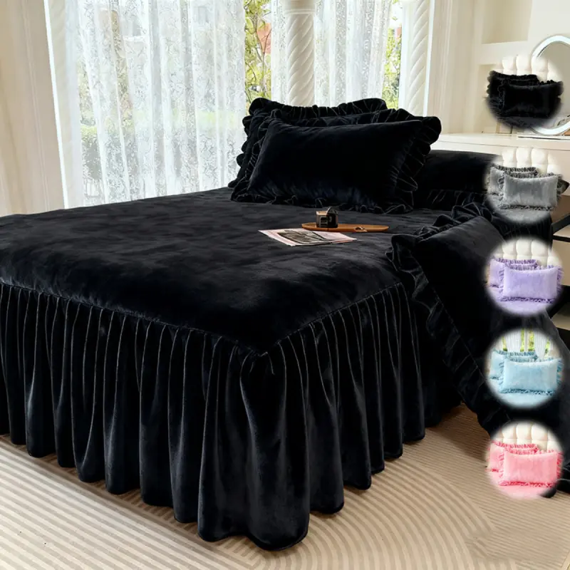 2/3pcs Solid Color Milk Velvet Bed Skirt Set, Ultra Soft & Cozy Bedskirt with 1/2 Pillowcases, Breathable Warm Bedding Set for Bedroom, Hotel & Guest Room