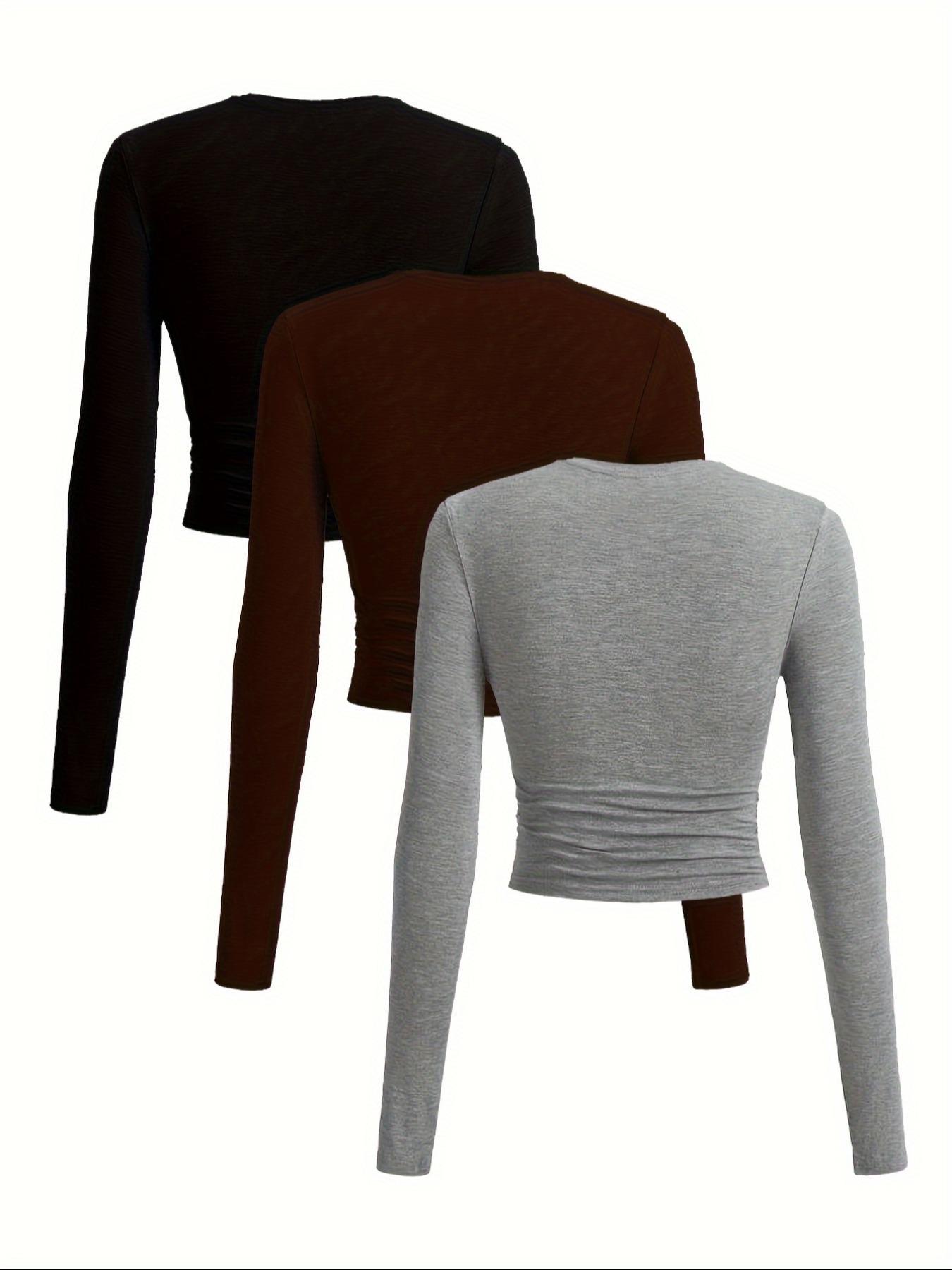 Women's Autumn Winter Casual Slim-Fit Long Sleeve T-Shirt Set, Side Ruched Design, Three-Piece Fashion Top for Daily Wear