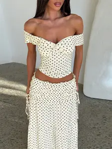 Women Summer Short Sleeve Tops High Waisted Long Skirt Polka Dot Beach Vacation Two Piece Set, Womenswear Clothes