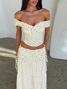 Women Summer Short Sleeve Tops High Waisted Long Skirt Polka Dot Beach Vacation Two Piece Set Outfit