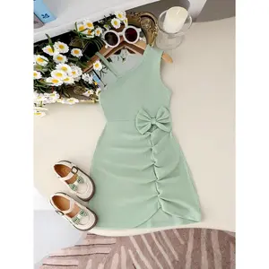 Toddler Girl' Spring/Summer Casual Light Green Dress. Ribbed Sleeveless Dress With Bow And Ruched Detail, Suitable For Spring Outings And Everyday Wear.