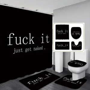 Creative 'fuck It' Letter Pattern Shower Curtain Set For Bathroom, Includes Bath Mat, Toilet Lid Cover, Elegant Bathroom Decor, 12 Hooks Included, Bathroom Decoration Accessories
