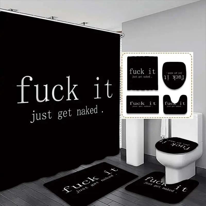 Creative 'fuck It' Letter Pattern Shower Curtain Set For Bathroom, Includes Bath Mat, Toilet Lid Cover, Elegant Bathroom Decor, 12 Hooks Included, Bathroom Decoration Accessories