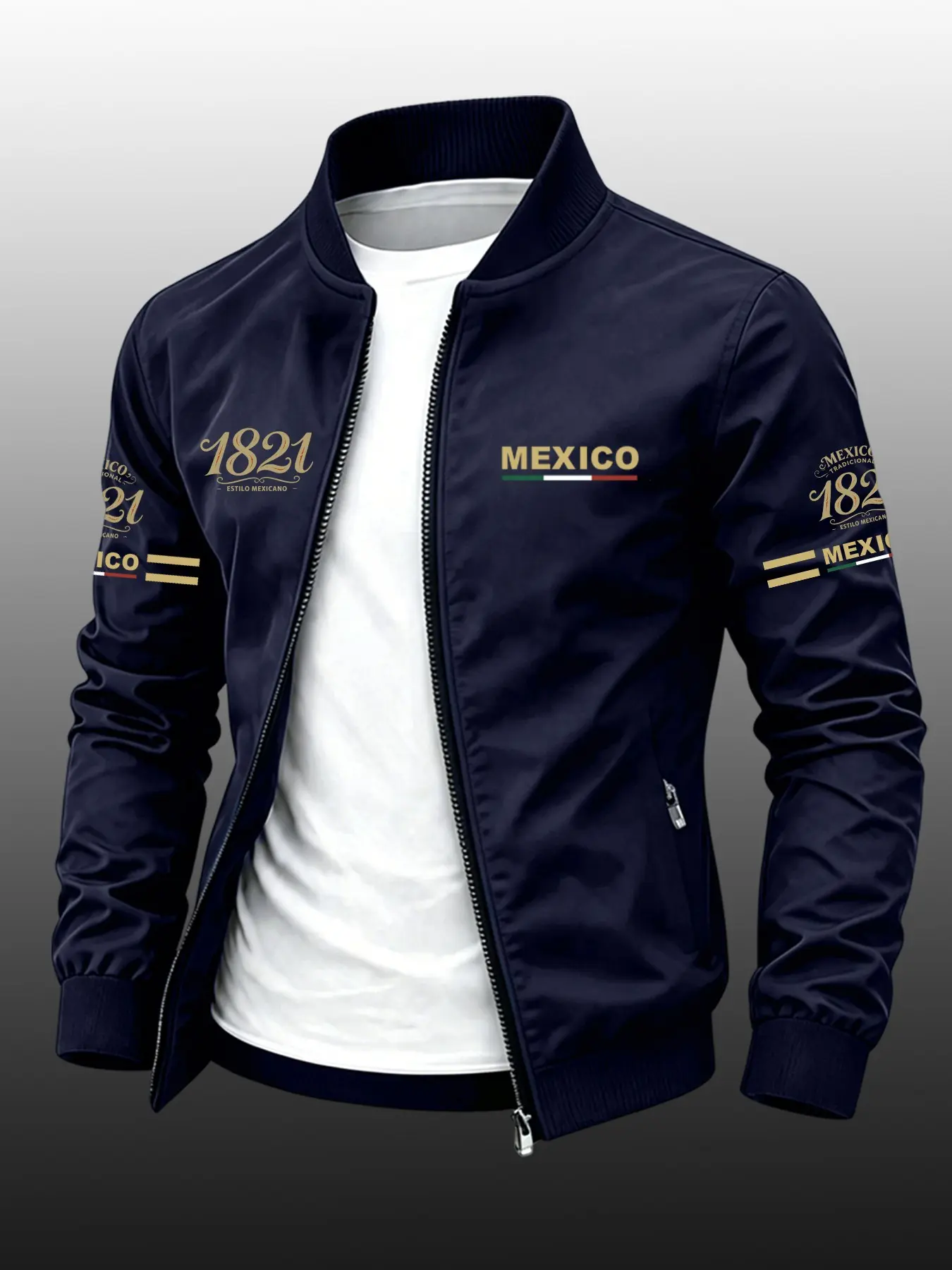 Men's Baseball Jacket with Mexican Flag Stripe Print, Sporty Loose-Fit Outerwear, Wind-Resistant Zipper Coat, Casual Fashion Top
