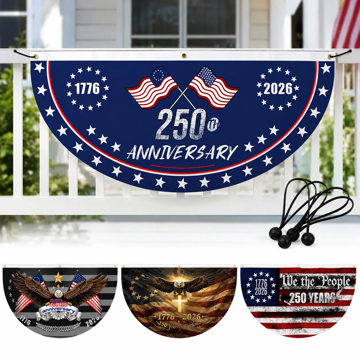 1776-2026 250th Milestone American Industrial Polyester Print Half-Fan Flag Bunting - 40cm Tall Patriotic Half Banner with Pre-Installed Hanging Straps, Weatherproof Outdoor Banners, Eagle-Themed Home Decor Tapestry for Independence Day, Memorial Day, Par