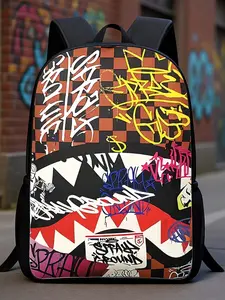 Graffiti Shark Mouth Checkerboard Backpack, Street Style Print Shoulder Bag, Casual Daily Use Backpack, Trendy and Functional Design