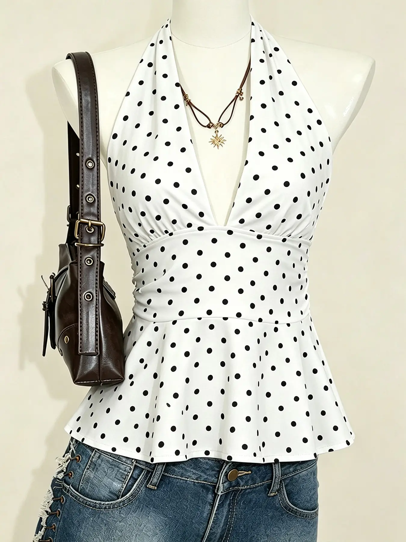 2026 European Style Deep V Neck Strap Top, Fitted All over Print Dot Short Shirt, Backless Crop Top, Fashionable Ladies' Clothing