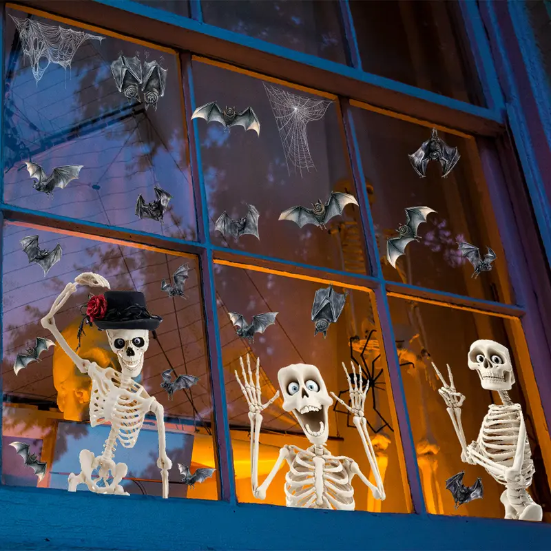 4-pack Halloween window stickers, skull stickers, bat wall decorations, reusable electrostatic adhesive decorations, suitable for home parties, indoor and outdoor horror house holiday supplies