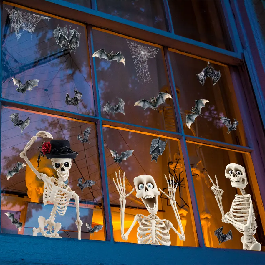 4-pack Halloween window stickers, skull stickers, bat wall decorations, reusable electrostatic adhesive decorations, suitable for home parties, indoor and outdoor horror house holiday supplies