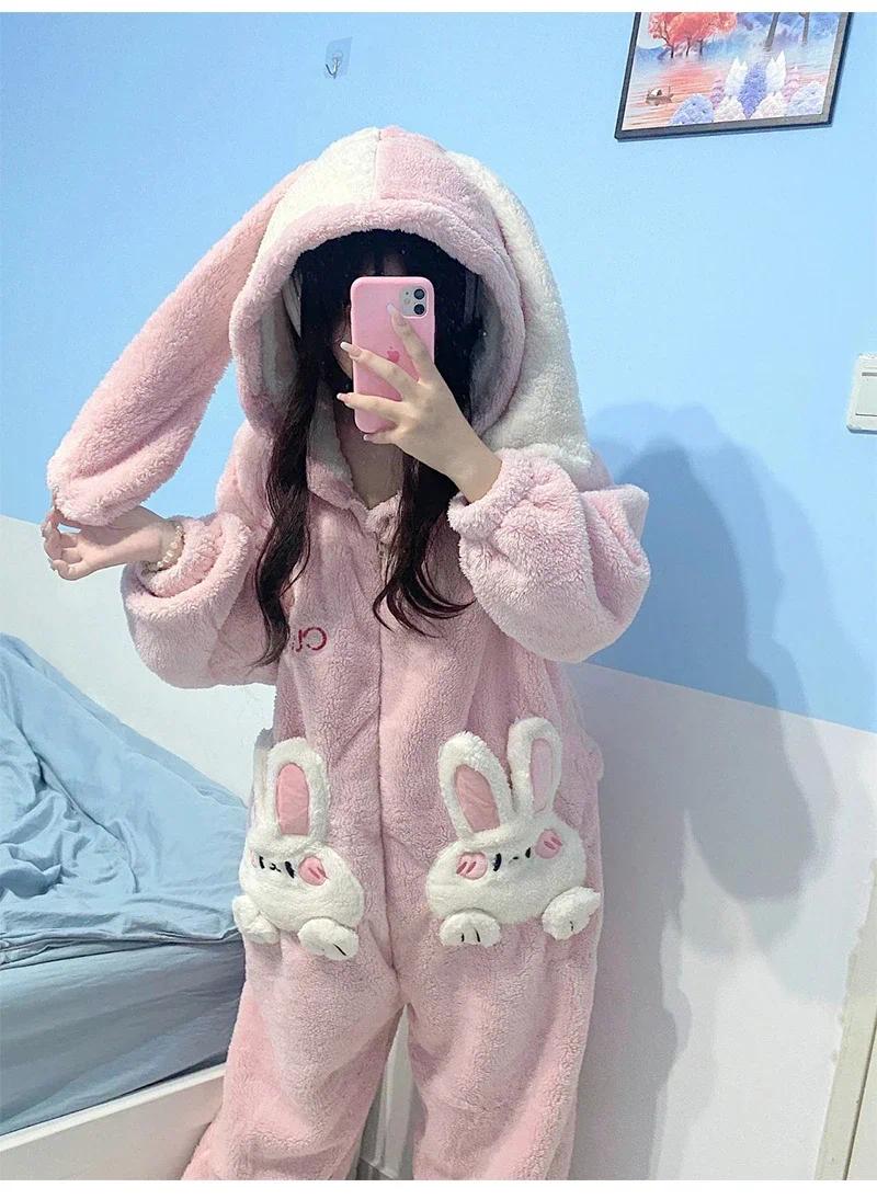 Coral Velvet Onesies Women Cute Rabbit Kigurumi Unicorn Preppy Cartoon Hooded Kawaii Thicker Winter Warm Cotton Pajamas Homewear