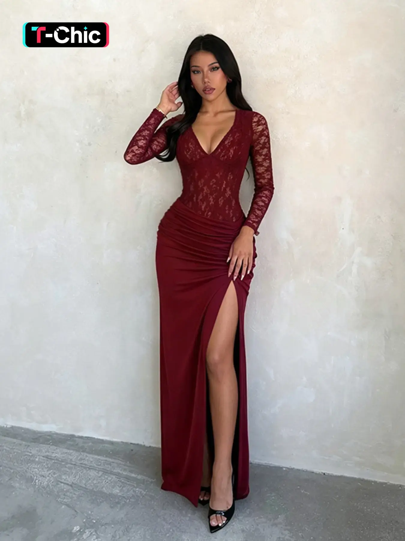 Lace V-Neck Long Sleeve Dress, Elegant Women's Fashion, Perfect for Special Occasions, Comfortable and Stylish Design, Ideal Gift Choice
