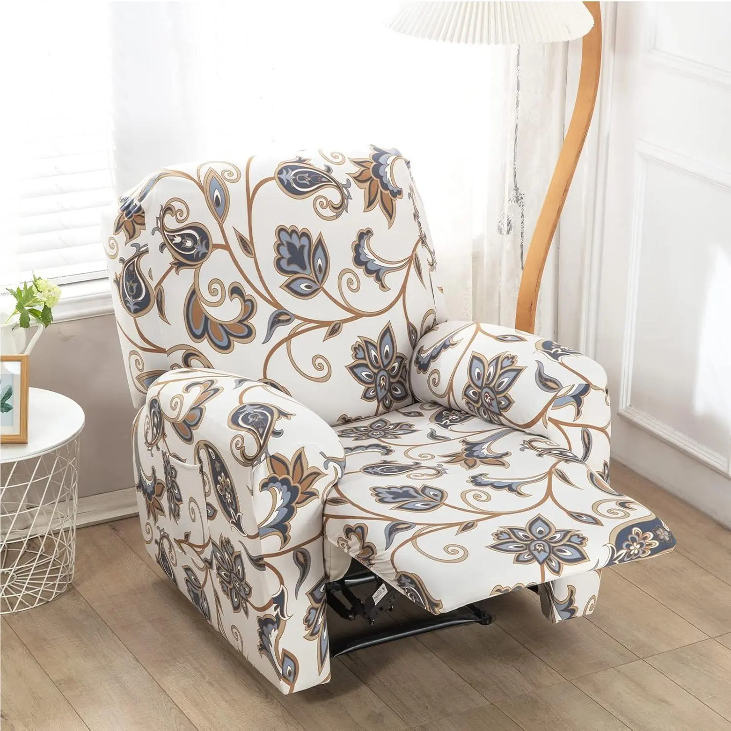 4 Pcs 1 Seat Recliner Chair Cover Stretch Printed Rocking Chair Slipcover Recliner with Arm Fallon Furniture Protector Lazy Boy Slipcover with Elastic Bottom for Pet Living Room Rv