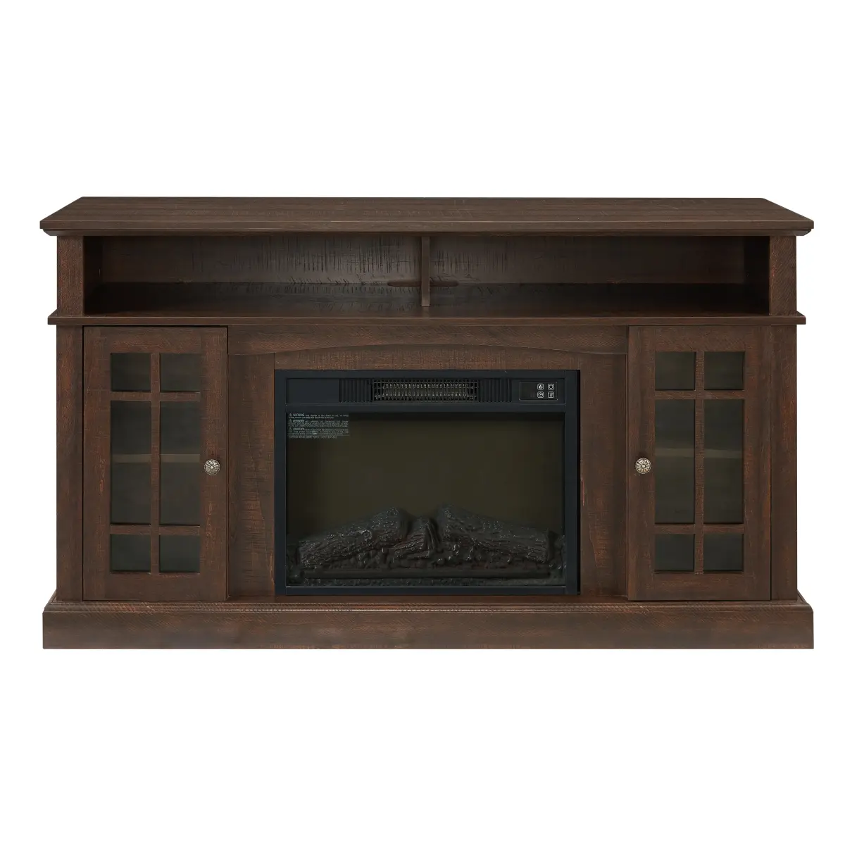 Textured Rectangular Single Unit Classic TV Media Stand - Modern MDF+PB Entertainment Console with 23" Fireplace Insert, Glass Doors, Open/Closed Storage, Fits TVs Up to 65", Espresso, 58.25"W×15.75"D×32"H, American
