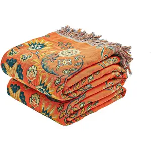 Boho Throw Blanket 100% Cotton Ultra Soft Luxury Throw Rustic Quilt 50"x60" Floral Printed Farmhouse Decor Bed Summer Blankets All Season Rustic Reversible Bohemian Throw for Bed Orange