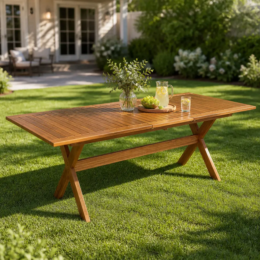 60"-76" Extendable Acacia Wood Outdoor Dining Table, Telescopic Patio Table with Teak Finish, Expandable Rectangle Garden Furniture Table for Backyard, Deck, Lawn & Outdoor Gatherings, Large Wooden Dining Table for Family Parties & Entertaining