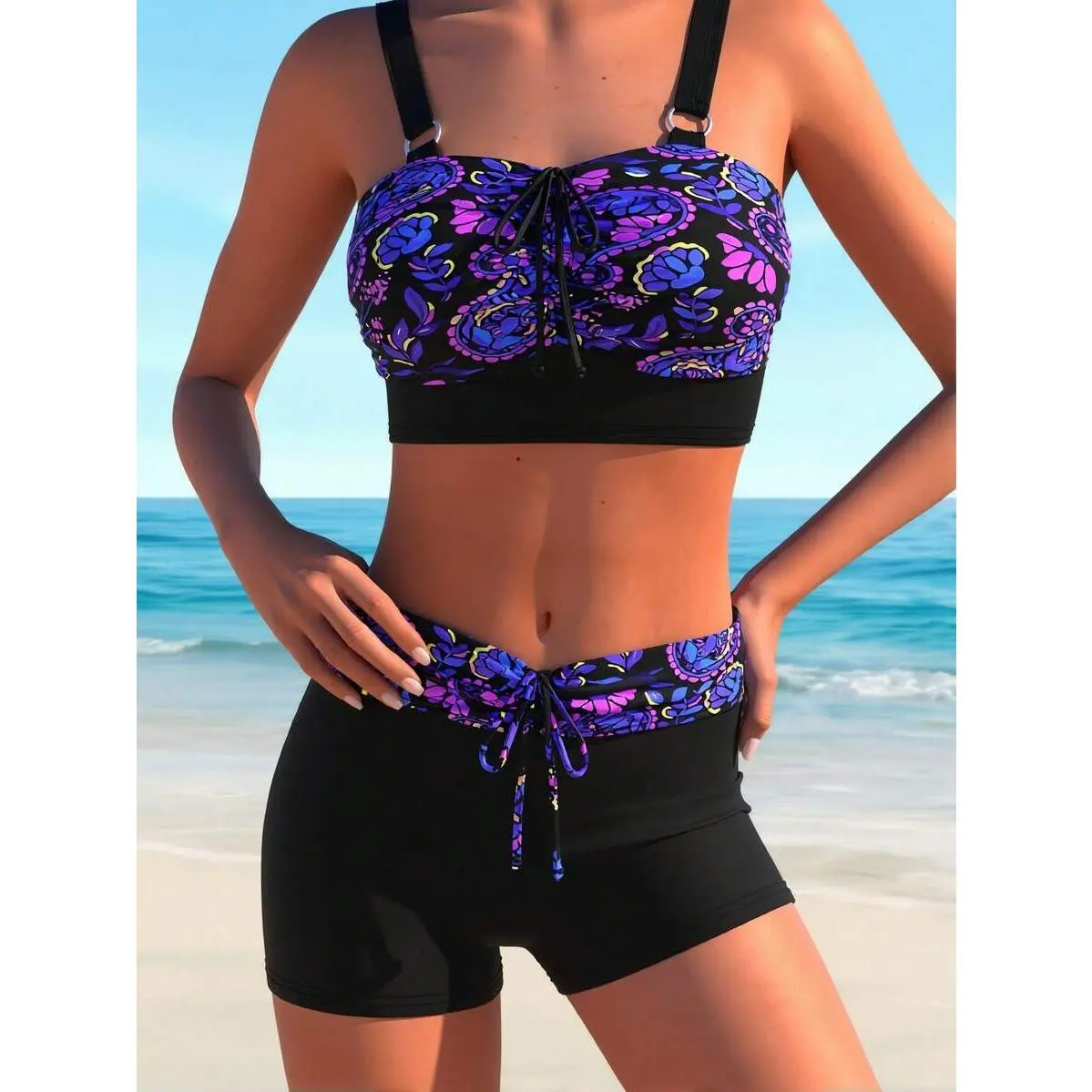 women'sWomen's Paisley Print Two-Piece Bikini Set, Drawstring Bandeau Top And High Waist Shorts Swimsuit, Tummy Control Swimwear For Summer Beach, Pool Party, Vacation